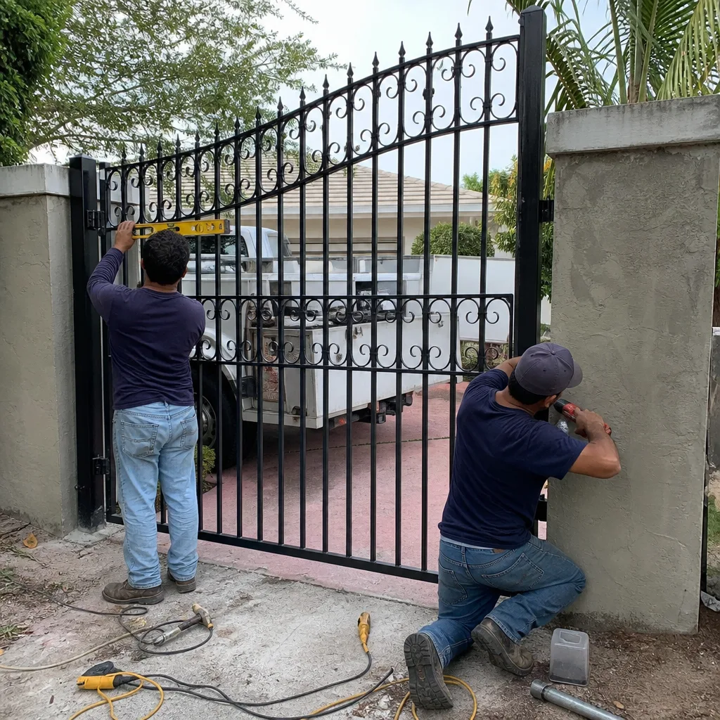 Two professional technicians installing a black wrought iron security gate
