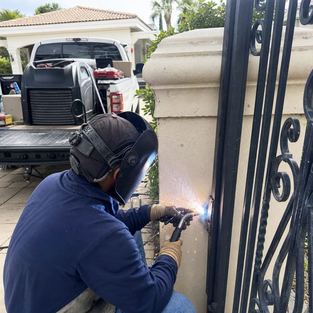 Professional welder performing metal gate repair with protective gear