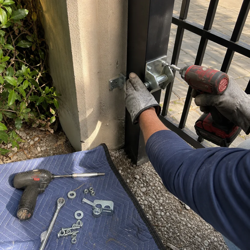 Technician using a power drill to install a new gate hinge.