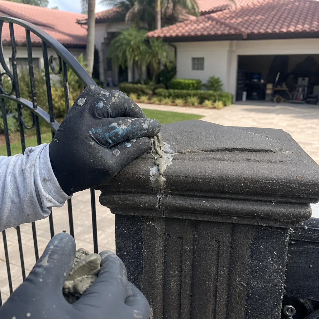 Professional contractor repairing cracks in a concrete gate post